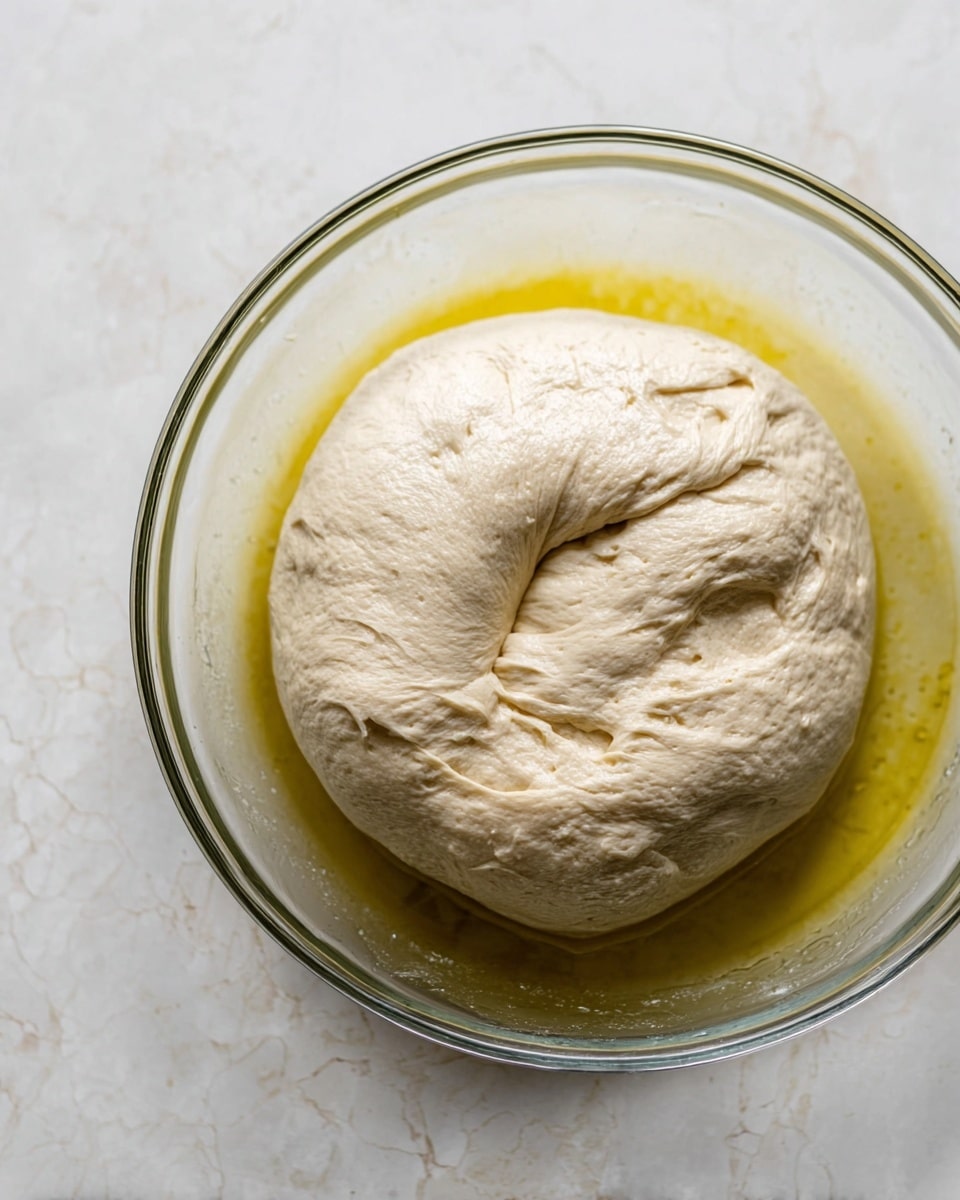 The image shows a single large round dough placed in a clear glass bowl, resting in a thin layer of yellow oil. The dough has a smooth, slightly wrinkled texture and a pale beige color, filling most of the bowl and curving inward at the center. The bowl is set on a white marbled surface, with a soft natural light highlighting the dough's subtle folds and the shiny oil around its base. photo taken with an iphone --ar 4:5 --v 7