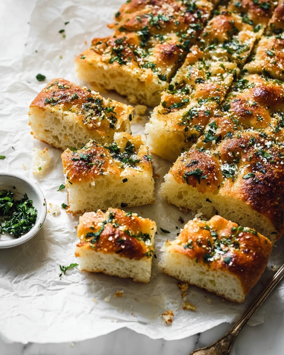 A thick square focaccia bread cut into rectangular pieces, showing a golden-brown top with a light bubbly texture. The surface is sprinkled with finely chopped green herbs and grated white cheese, giving a fresh and slightly melted look. The crust edges are darker and crispy, contrasting with the soft inside that appears light beige and airy. The bread sits on crumpled white paper on a white marbled surface, with a small white bowl of green herbs nearby and a tarnished silver spoon below. Photo taken with an iphone --ar 4:5 --v 7