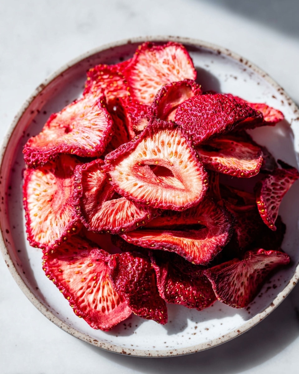 A white plate with brown specks holds a pile of dried strawberry slices. The slices are stacked loosely in two layers, showing rich red and pink colors with some darker edges and hollow centers. Each slice has a textured surface with small seeds visible, and the strawberries look crisp and thin. The plate rests on a white marbled surface with soft shadows around it. Photo taken with an iphone --ar 4:5 --v 7