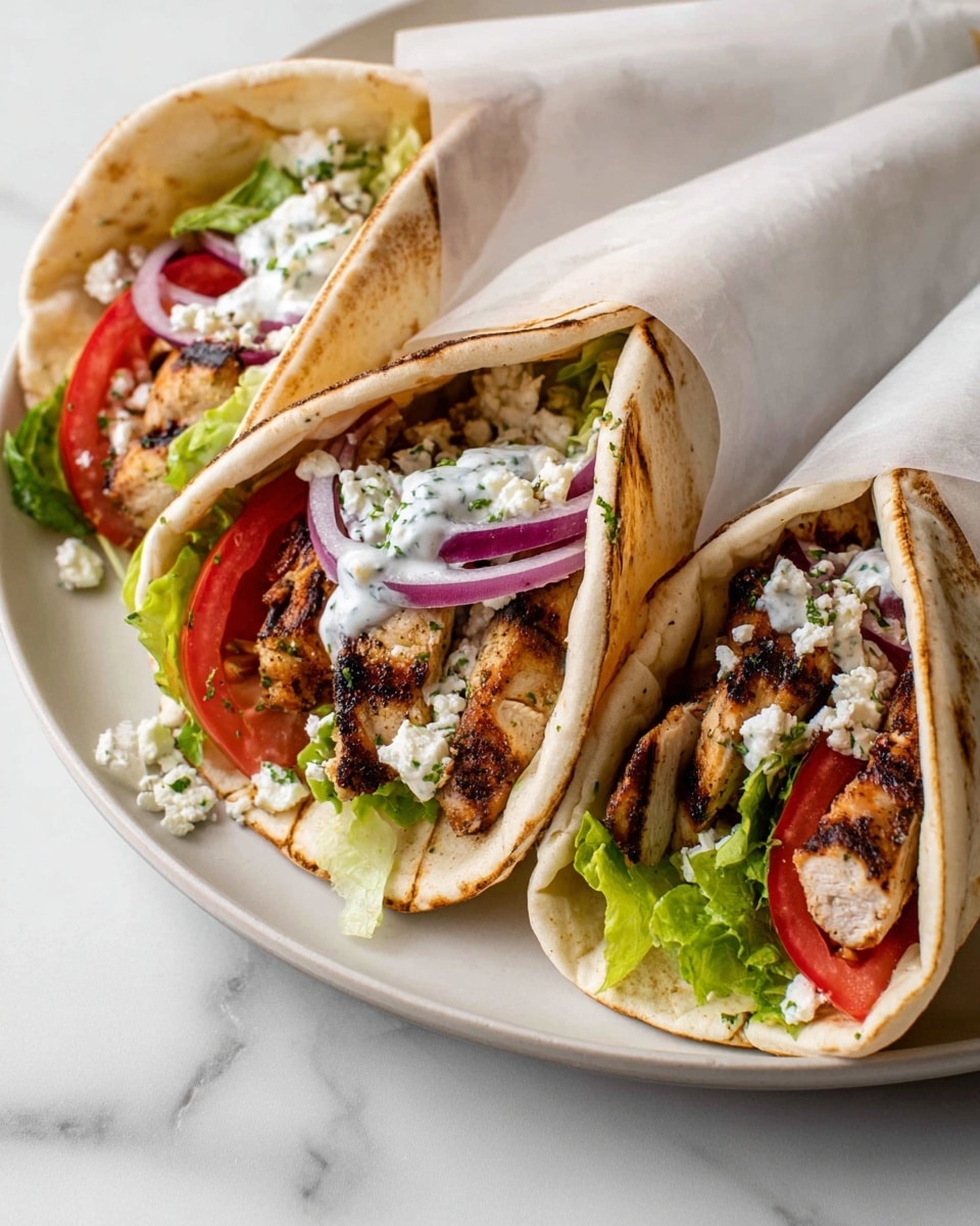 Three wraps sit side by side on a white plate on a white marbled surface. Each wrap has two layers of soft, slightly browned flatbread folded around layers of green lettuce at the base, sliced red tomatoes and thin rings of purple onion on top. Grilled chicken pieces with dark grill marks fill the center. White creamy sauce with herbs is drizzled throughout, along with small crumbs of white cheese sprinkled on top. The wraps are partly wrapped in white paper around the top edges. Photo taken with an iphone --ar 4:5 --v 7