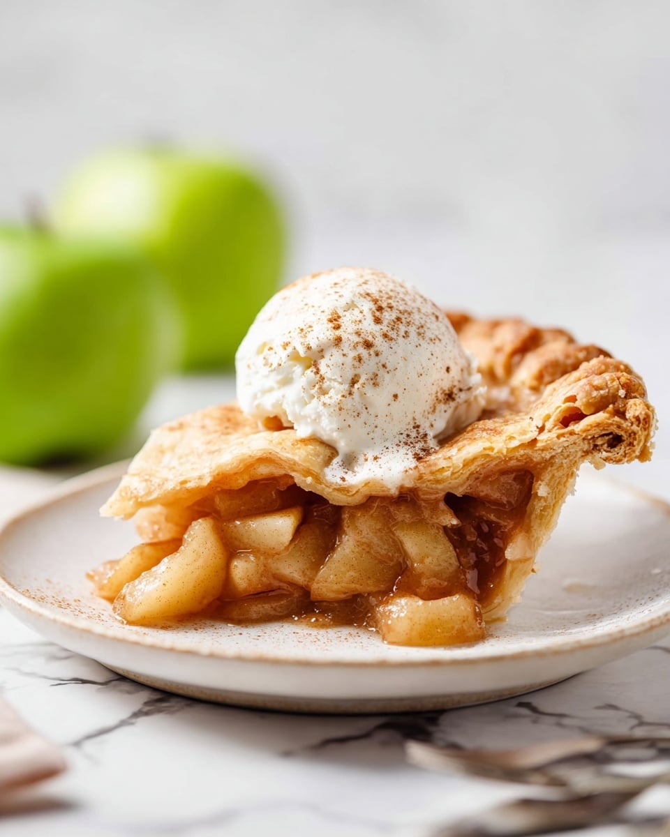 The image shows a single slice of apple pie on a white plate with a white marbled surface underneath. The pie has a golden-brown crust that is slightly crimped on the edges, and the filling consists of soft, cooked apple pieces in light brown cinnamon sauce visible through the open top crust. On top of the slice sits a single scoop of light cream-colored vanilla ice cream sprinkled with fine cinnamon powder. In the background, two green apples are slightly blurred, and some silver cutlery is placed nearby. Photo taken with an iphone --ar 4:5 --v 7