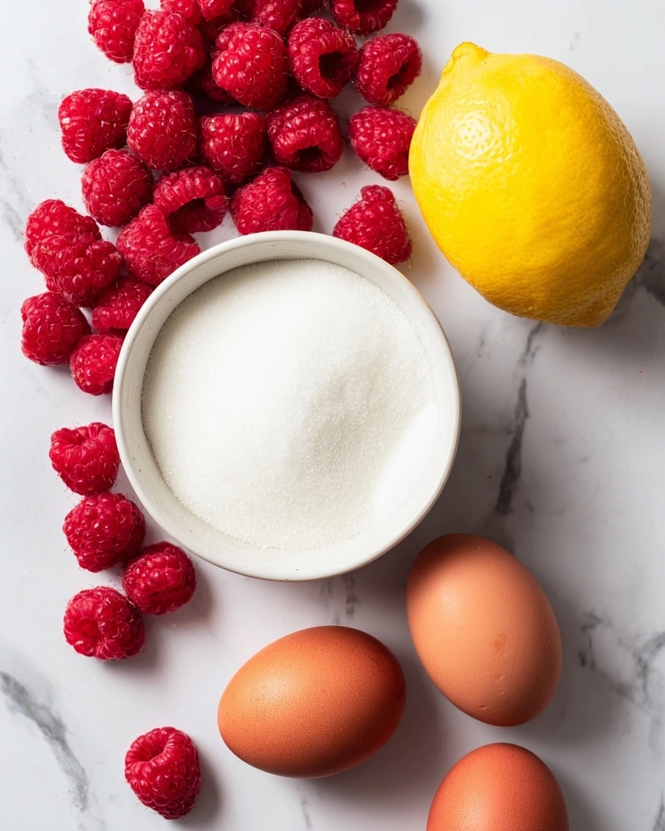 A group of fresh red raspberries is scattered near a white bowl filled with fine white sugar, sitting on a white marbled surface. Three brown eggs are placed around the bowl, arranged in a loose row extending diagonally. A bright yellow lemon rests close to the bowl and raspberries, adding a pop of color among the warm and cool tones. photo taken with an iphone --ar 4:5 --v 7