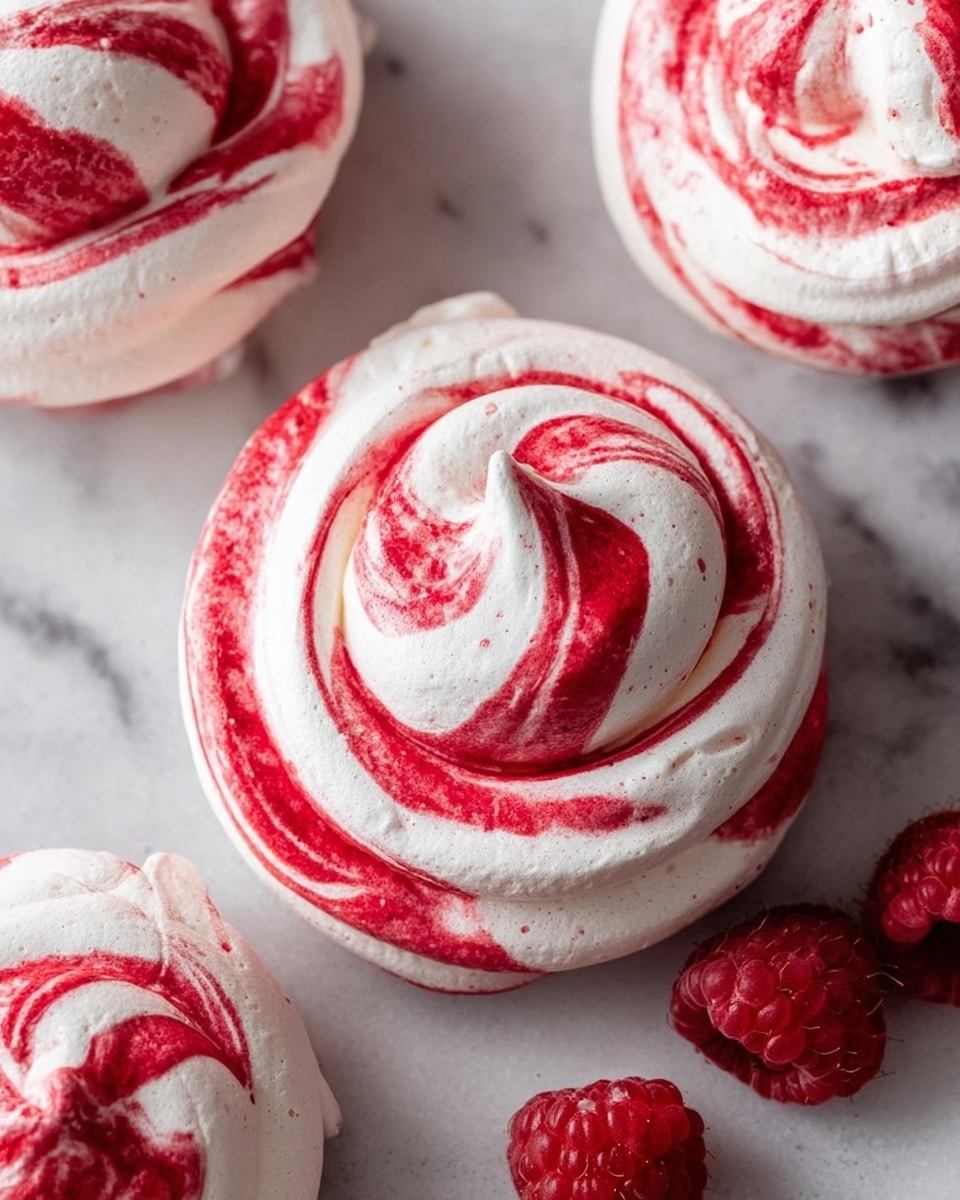 The image shows three round meringue swirls placed on a white marbled surface, each swirl made of a soft white base mixed with bright red raspberry swirls creating a marbled effect. The meringue looks light and airy, the red swirls spread unevenly through the white, making a spiral pattern on top. Two fresh red raspberries are placed near the top right swirl, adding a fresh touch to the scene. The meringues have a textured, slightly rough surface with small peaks and gentle curves. photo taken with an iphone --ar 4:5 --v 7