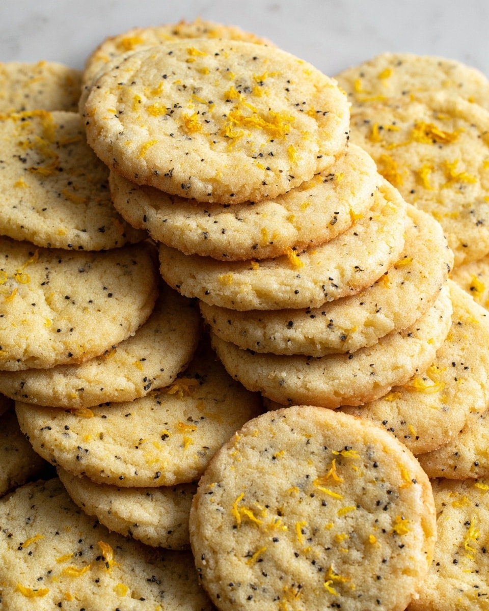 A close-up view of many round, yellowish cookies stacked in layers, each cookie showing a slightly crinkled texture with small black seeds evenly spread throughout. Light yellow bits of lemon zest are scattered on the tops, adding small bursts of color. The cookies have soft edges and a slightly uneven surface, giving a homemade feel. They sit on a white marbled surface, filling the entire frame in a casual pile. photo taken with an iphone --ar 4:5 --v 7