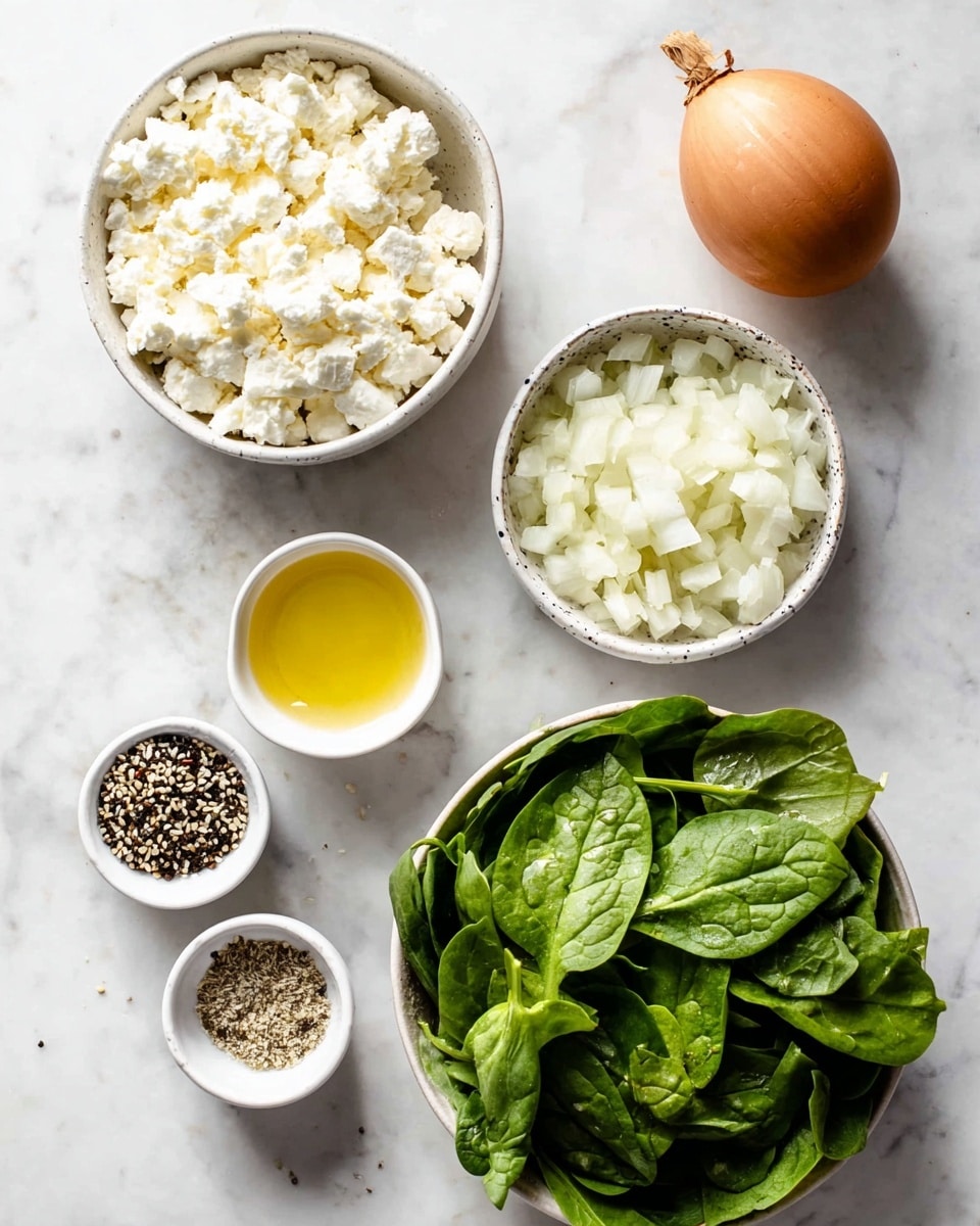 A photo shows fresh ingredients laid out on a white marbled surface, including a bowl of bright green spinach leaves at the bottom right, a bowl of white crumbled cheese in the center, a bowl of chopped white onions at the top right, a whole brown egg near the top center, a small white bowl with yellow oil with specks in it just below the egg, a small white bowl with mixed black and white sesame seeds at bottom left, and a small white bowl with black pepper and salt at top left. Photo taken with an iphone --ar 4:5 --v 7