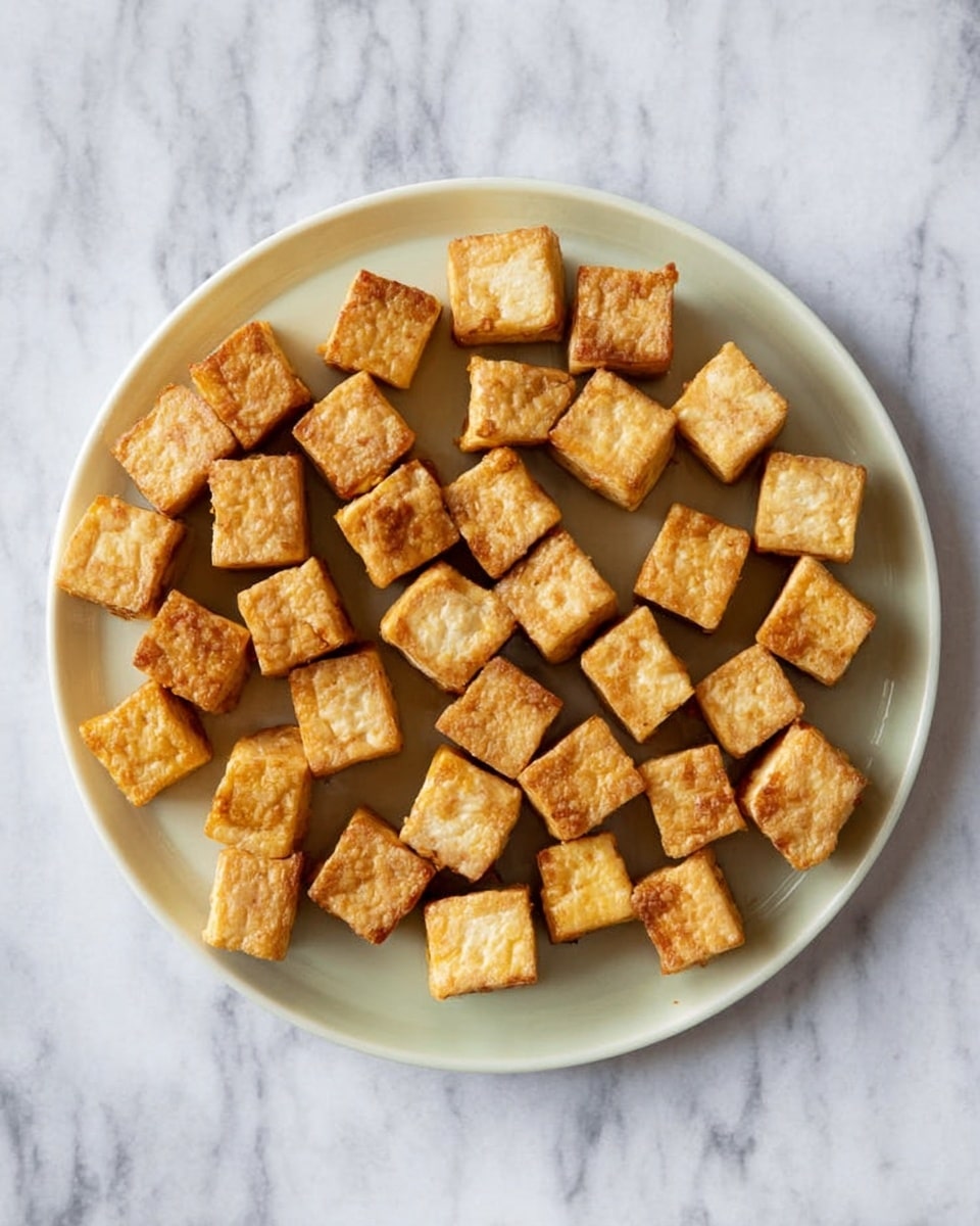 A white plate holds about thirty small golden brown tofu cubes evenly spread out, each cube showing a crispy textured outer layer with slight variations in color from light to deeper golden tones. The plate rests on a white marbled surface, which adds a clean and simple background to highlight the tofu. photo taken with an iphone --ar 4:5 --v 7