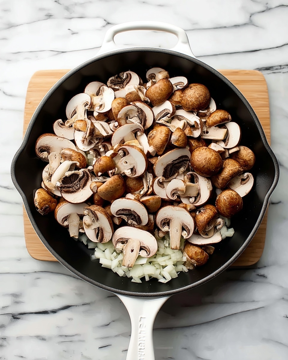 A white-handled black pan filled with two layers of ingredients on a white marbled surface: the bottom layer has small white onion pieces, and the top layer is made of many sliced brown mushrooms spread evenly, showing their rounded tops and inner details, all ready to be cooked photo taken with an iphone --ar 4:5 --v 7