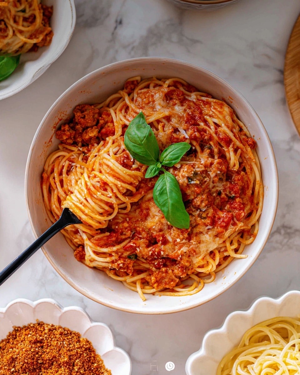 A white bowl filled with spaghetti mixed with a thick red tomato sauce and chunks of ground meat coated in melted cheese, topped with two fresh green basil leaves in the center. A black fork is twirling some spaghetti near the left side of the bowl. Around the bowl on a white marbled surface, there is a white scalloped dish with a crumbly reddish-brown topping, a partial view of another white bowl with pasta mixed with sauce, and a corner of a white plate with plain cooked spaghetti. The scene shows a cozy meal setup with soft natural lighting. photo taken with an iphone --ar 4:5 --v 7