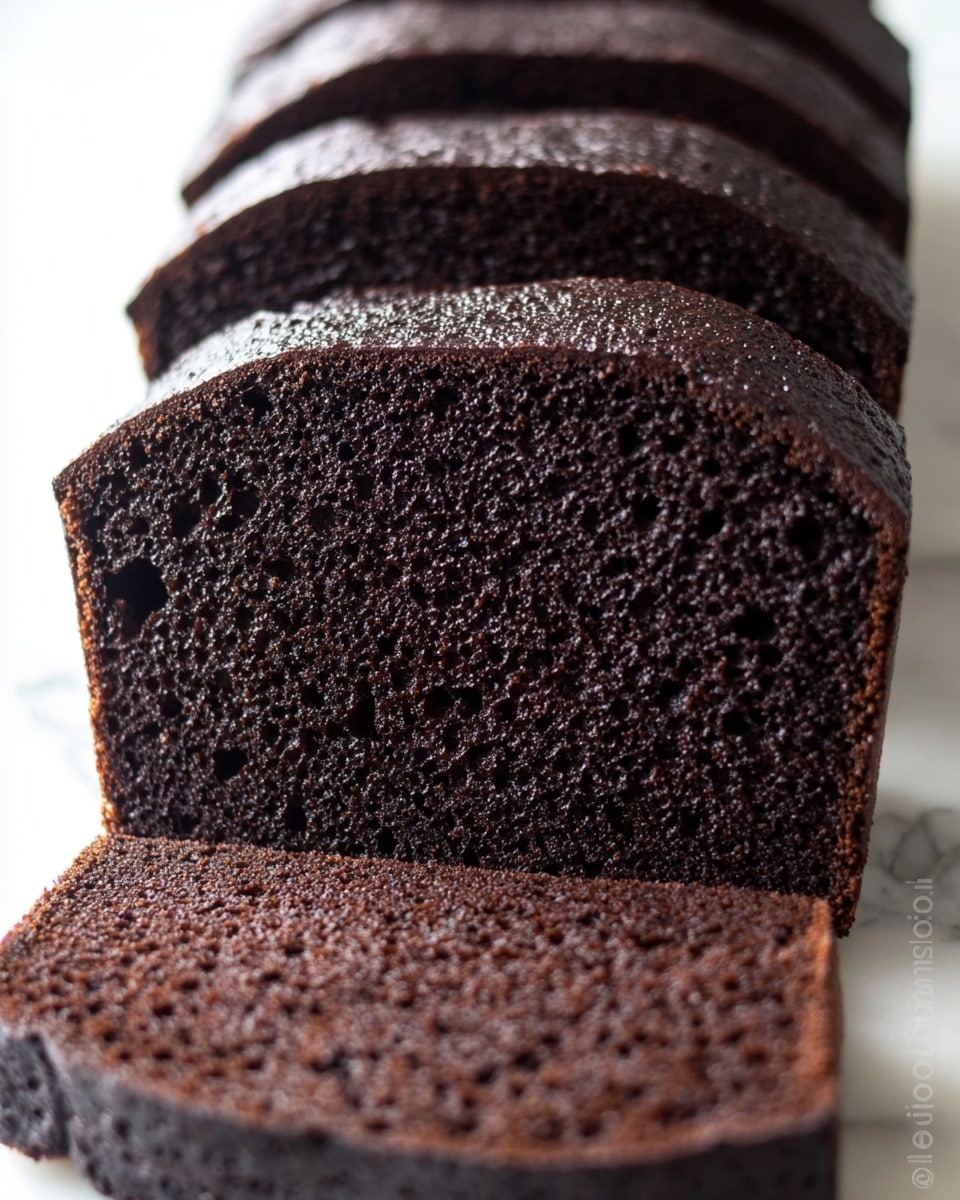 The image shows several thick slices of dark chocolate cake arranged in a row on a white marbled surface. The cake has a dense texture with tiny air holes evenly spread throughout each slice. The outer crust is slightly shiny and rough, darker than the inside, and the slices are aligned closely, showing the smooth inner crumb and the textured rough edges. The focus is sharper on the middle slices, with the front and back parts softly blurred. Photo taken with an iphone --ar 4:5 --v 7