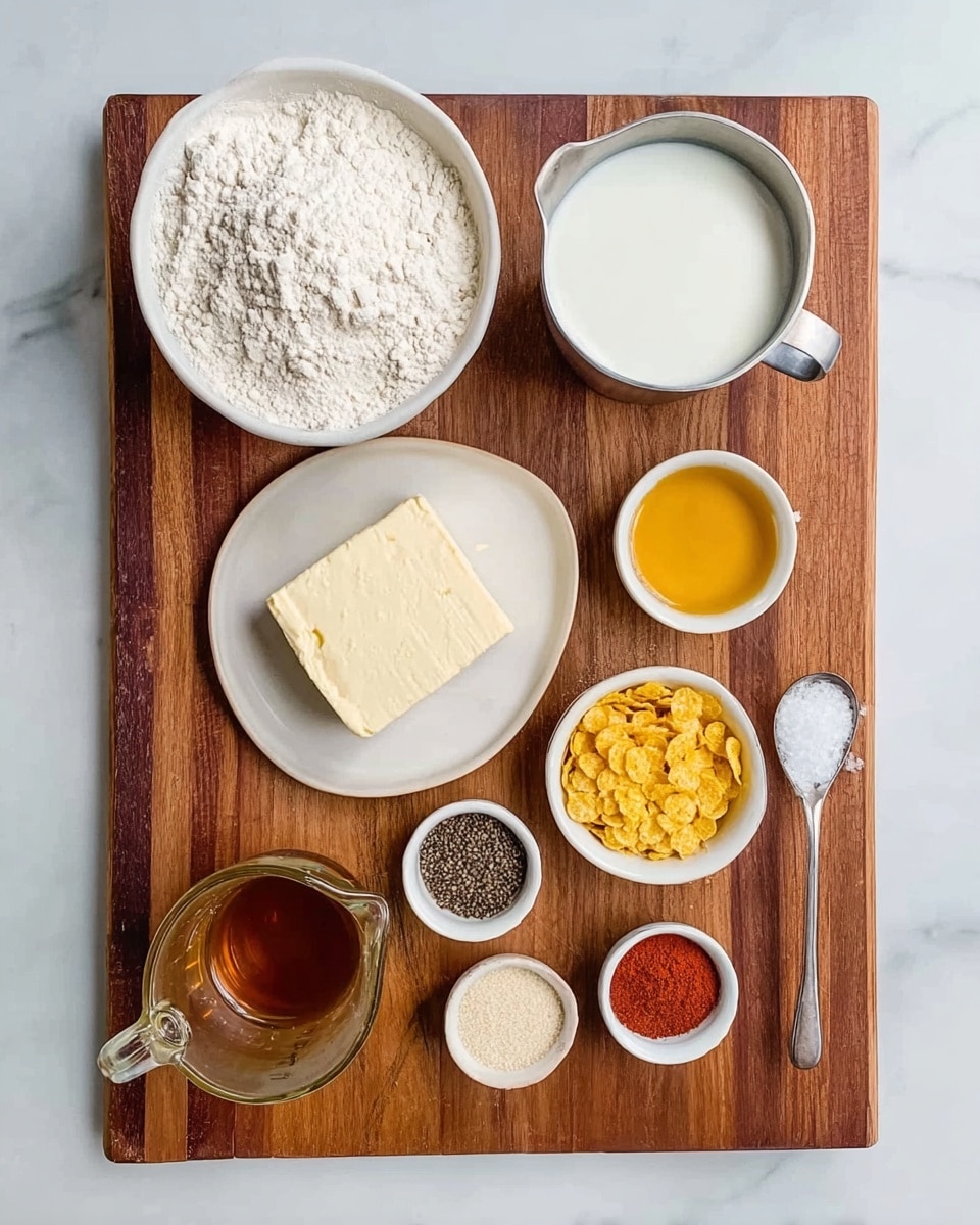 The image shows a wooden board placed on a white marbled surface, with seven containers of various cooking ingredients carefully arranged in layers. On the top left, there is a white bowl filled with white flour, next to a metal measuring cup filled with white milk on the top right. Below the flour, a white plate holds a block of white tofu, and nearby a small white bowl contains golden yellow honey. To the right of the honey, there is a small white bowl filled with yellow cornflakes. Below, a white bowl is arranged with seven colorful spices: black, red, beige, white, and brown, in separate segments. At the bottom left, there is a clear glass measuring cup filled with brown liquid, and next to it a metal spoon contains black pepper. The photo was taken with an iphone --ar 4:5 --v 7