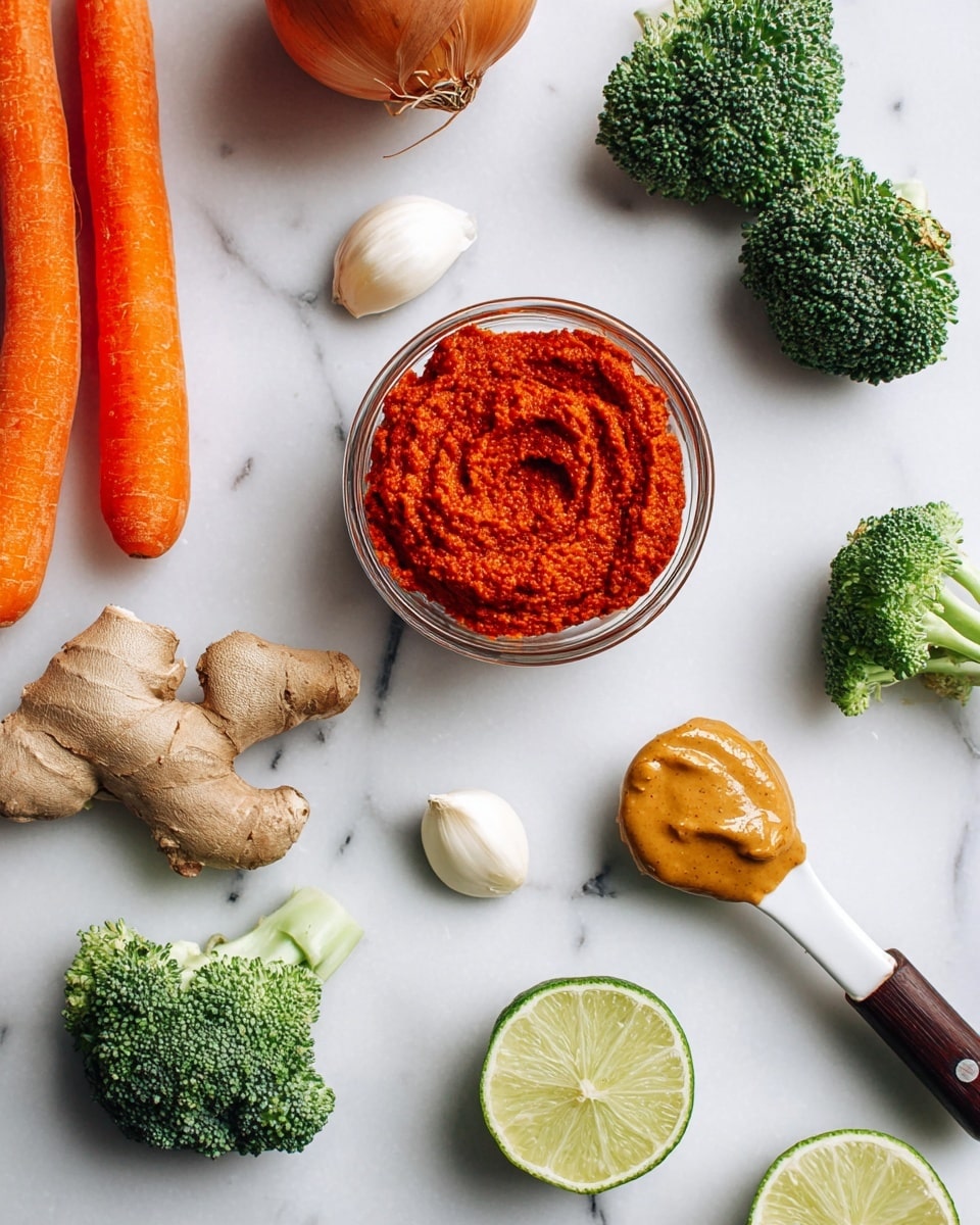 The image shows fresh ingredients placed on a white marbled surface with a small clear glass bowl in the center filled with a thick, red paste that has a rough texture. Around the bowl, there are two whole bright orange carrots on the left, a large piece of ginger root with a light brown skin near the top center, two fresh green broccoli florets, one near the bottom center and one near the top right. A white measuring spoon with a dark wooden handle holds a smooth, creamy peanut butter-colored paste to the right of the bowl. Near the bottom right, there are two halves of a green lime showing their juicy green inside, and part of a white garlic bulb is visible at the corner. The top left corner shows a brown onion partially in the frame. The setup is clean and evenly lit. Photo taken with an iphone --ar 4:5 --v 7