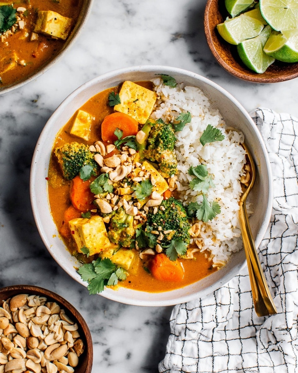 A white bowl shows a colorful dish with two main layers: on the left, a thick orange curry sauce filled with bright green broccoli pieces and chunks of tofu with smooth yellowish surfaces, along with orange carrot slices. On the right, there is white rice with separate grains visible, partially mixed with the curry. The dish is topped with chopped nuts and green cilantro leaves. A gold spoon rests inside the bowl on the right side, and the background is a white marbled texture. Nearby, there is a wooden bowl with lime wedges and a small brown bowl filled with more chopped nuts, plus a white cloth with a black grid pattern in the lower right corner. photo taken with an iphone --ar 4:5 --v 7