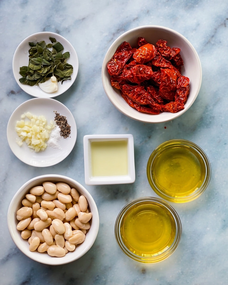 The image shows several small white dishes arranged on a white marbled surface. In the center top, there is a round white bowl filled with bright red sun-dried tomatoes soaked in oil, showing a wrinkled texture and glossy appearance. To the bottom left, there is a round white bowl filled with light beige beans that have smooth, slightly shiny surfaces. To the left, a small white saucer holds green leaves, finely chopped white garlic pieces, and small piles of salt and black pepper. In the middle, a small square white dish contains a pale yellow liquid, likely oil or vinegar. On the right side, two small round clear glass bowls hold light yellow and golden yellow liquids, both smooth and shiny. The colors range from red and green to pale yellow and beige, set against a soft white marbled background. Photo taken with an iphone --ar 4:5 --v 7