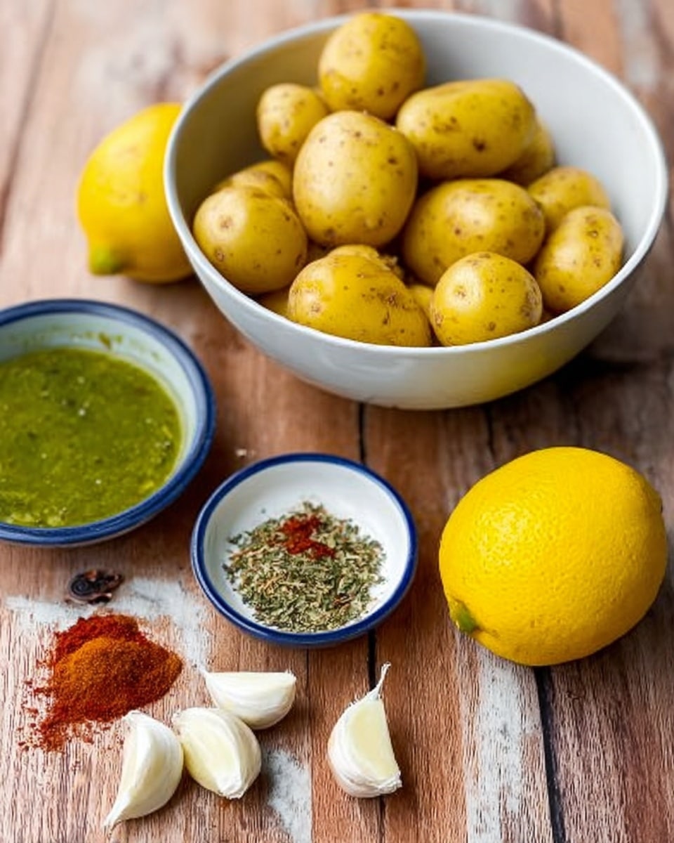 The image shows a white bowl filled with small yellow potatoes placed on a wooden surface. In front of the bowl, there are five cloves of garlic spread around two whole lemons, one placed near the bowl and the other slightly farther. On the wooden surface, there are two small white bowls, one containing a mix of dried herbs and red spices and the other filled with green liquid, with a third small bowl beside them holding a thicker green sauce. The overall setting is on a wooden texture, but the background has been changed to a white marbled texture. photo taken with an iphone --ar 4:5 --v 7