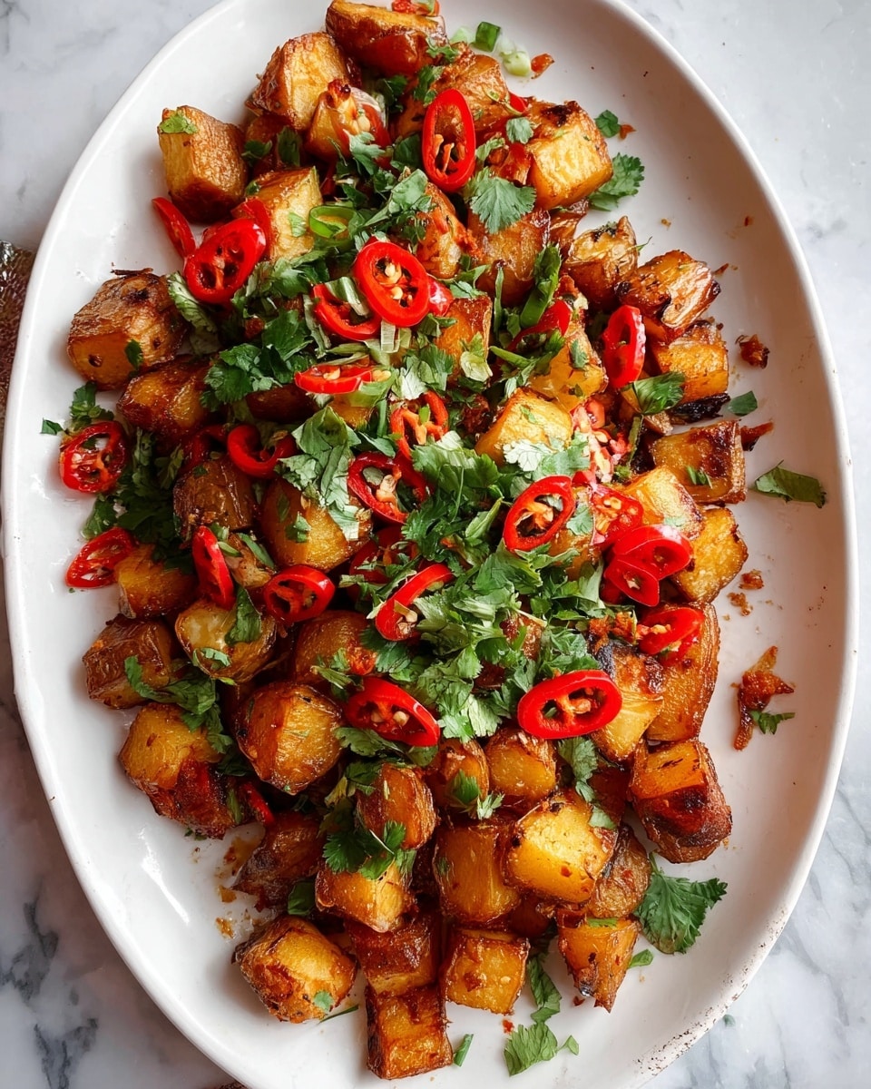 A white oval plate holds about three layers of browned roasted potato cubes with a crispy texture, mixed evenly with thin slices of bright red and green chili peppers scattered throughout, and garnished generously with fresh chopped green cilantro leaves, all placed on a white marbled surface. Photo taken with an iphone --ar 4:5 --v 7