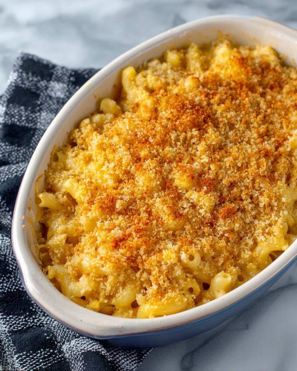 A close-up view shows a baked macaroni and cheese dish in a white oval casserole dish. The top layer is golden brown and crispy breadcrumbs with a rough texture. Underneath, there is a creamy yellow cheese sauce coating elbow macaroni noodles, visible through some parts of the crumb topping. The casserole dish sits on a white marbled surface with a black and white checkered cloth nearby. photo taken with an iphone --ar 4:5 --v 7