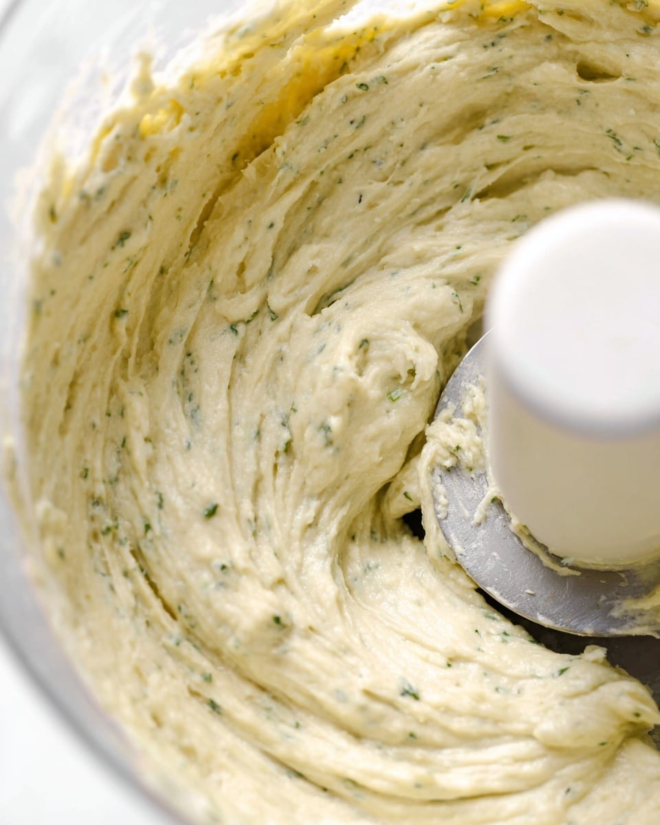 A close view of thick, creamy pale yellow mixture with small green herb bits, spread unevenly inside a white food processor bowl around the blade which is partly visible near the bottom right, showing a soft and whipped texture on a white marbled surface photo taken with an iphone --ar 4:5 --v 7
