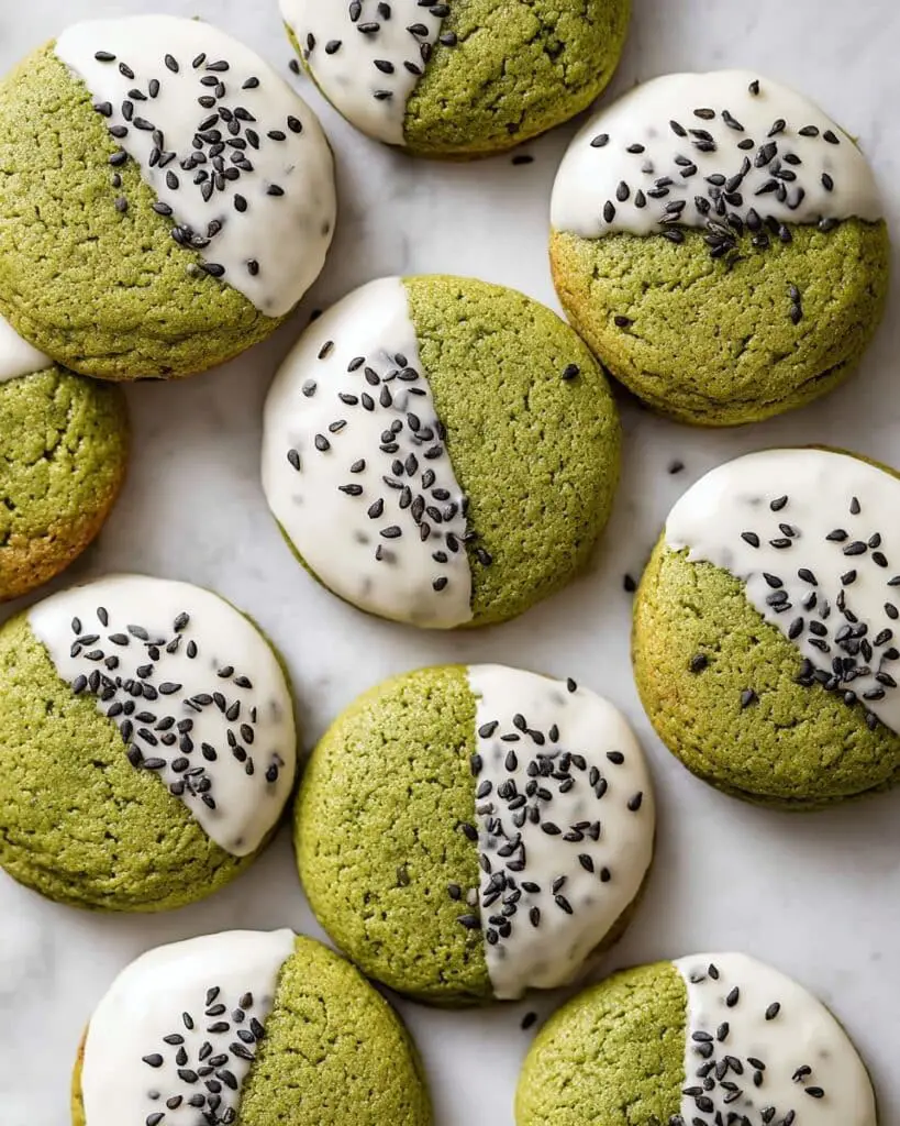 Matcha Cookies with White Chocolate Dip and Black Sesame Seeds Recipe