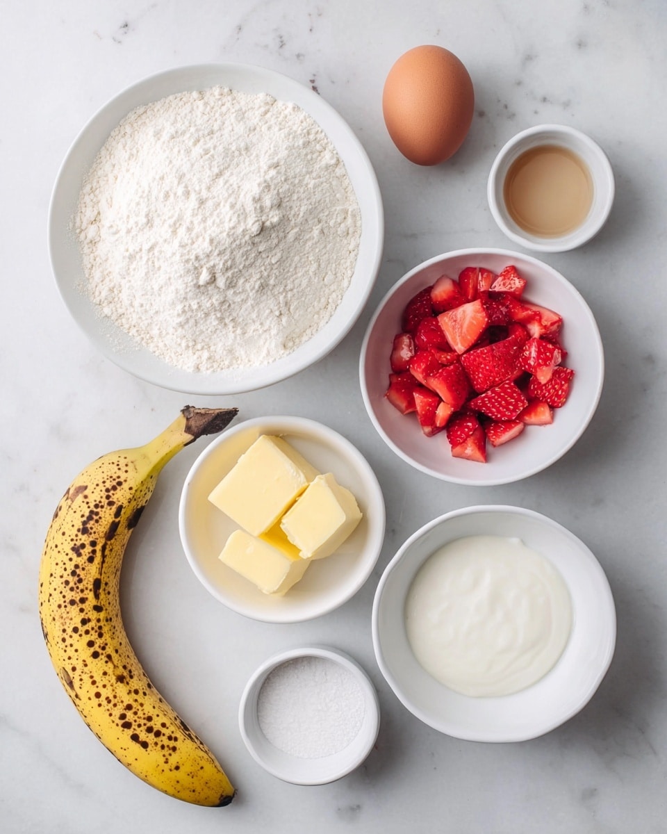 A top view of several white bowls and a whole brown egg arranged on a white marbled surface; the largest bowl is filled with white flour with a soft powdery texture, above it is a bowl with bright red chopped strawberries showing juicy, small pieces, next to it is a bowl containing thick white yogurt with a smooth surface, below this is a small bowl holding two pale yellow butter cubes with a soft texture, to the left is a smaller bowl of light brown liquid, possibly vanilla extract, and at the bottom left is a tiny bowl holding white baking powder and baking soda. A ripe yellow banana with many brown spots lies to the left of the bowls. Photo taken with an iphone --ar 4:5 --v 7