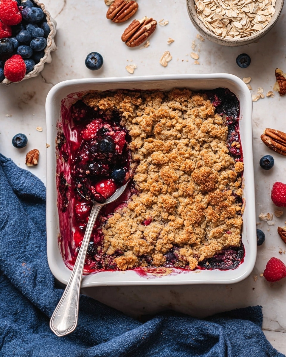 A white square baking dish holds a fruit crumble with two visible layers: the bottom layer is a dark red and purple mix of cooked berries with a juicy texture, and the top layer is a chunky, golden brown oat crumble with a rough texture spread evenly over the fruit. A silver spoon is resting inside the dish, partially submerged in the fruit layer on the left side where part of the crumble is scooped out. Around the dish are scattered whole pecans, blueberries, and raspberries, a small white bowl filled with oats, and a blue cloth on a white marbled surface. Photo taken with an iphone --ar 4:5 --v 7
