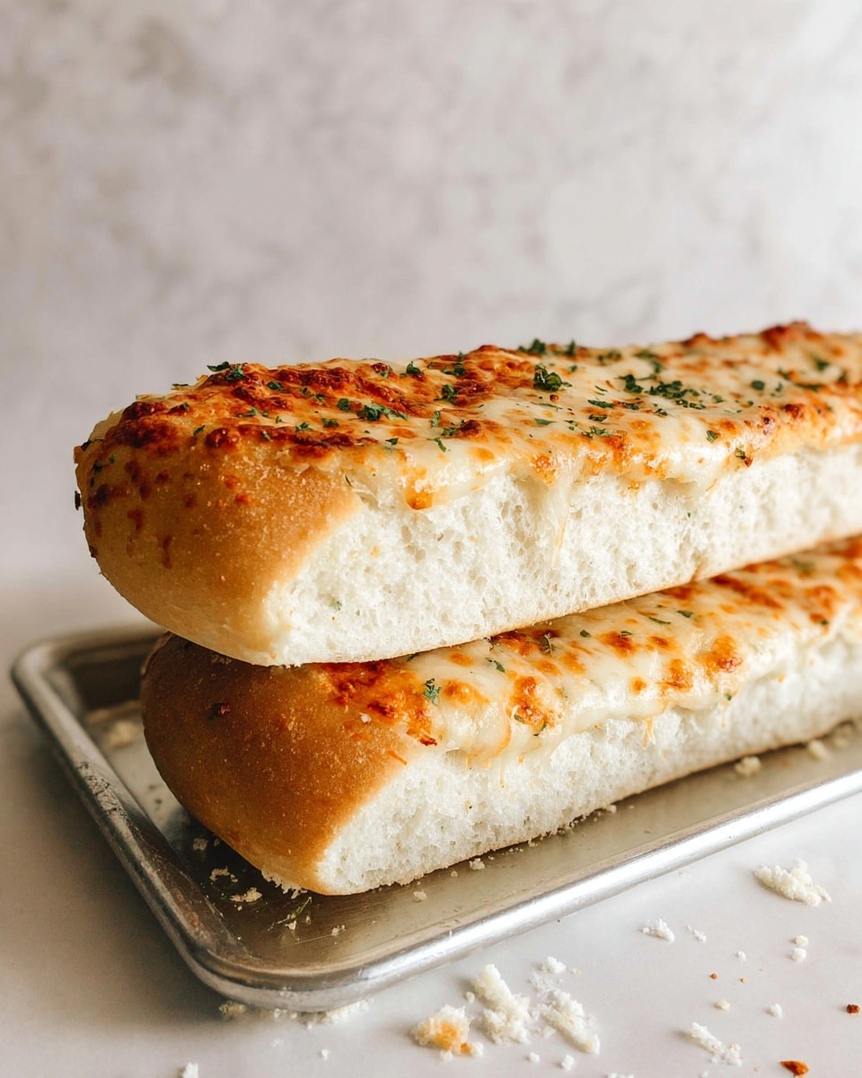 Two long pieces of bread stacked on top of each other rest on a metal tray. Each bread piece has a golden brown top with melted cheese and small bits of green herbs scattered across. The sides of the bread are pale white with a soft and fluffy texture. The background and surface have a white marbled texture. Photo taken with an iphone --ar 4:5 --v 7