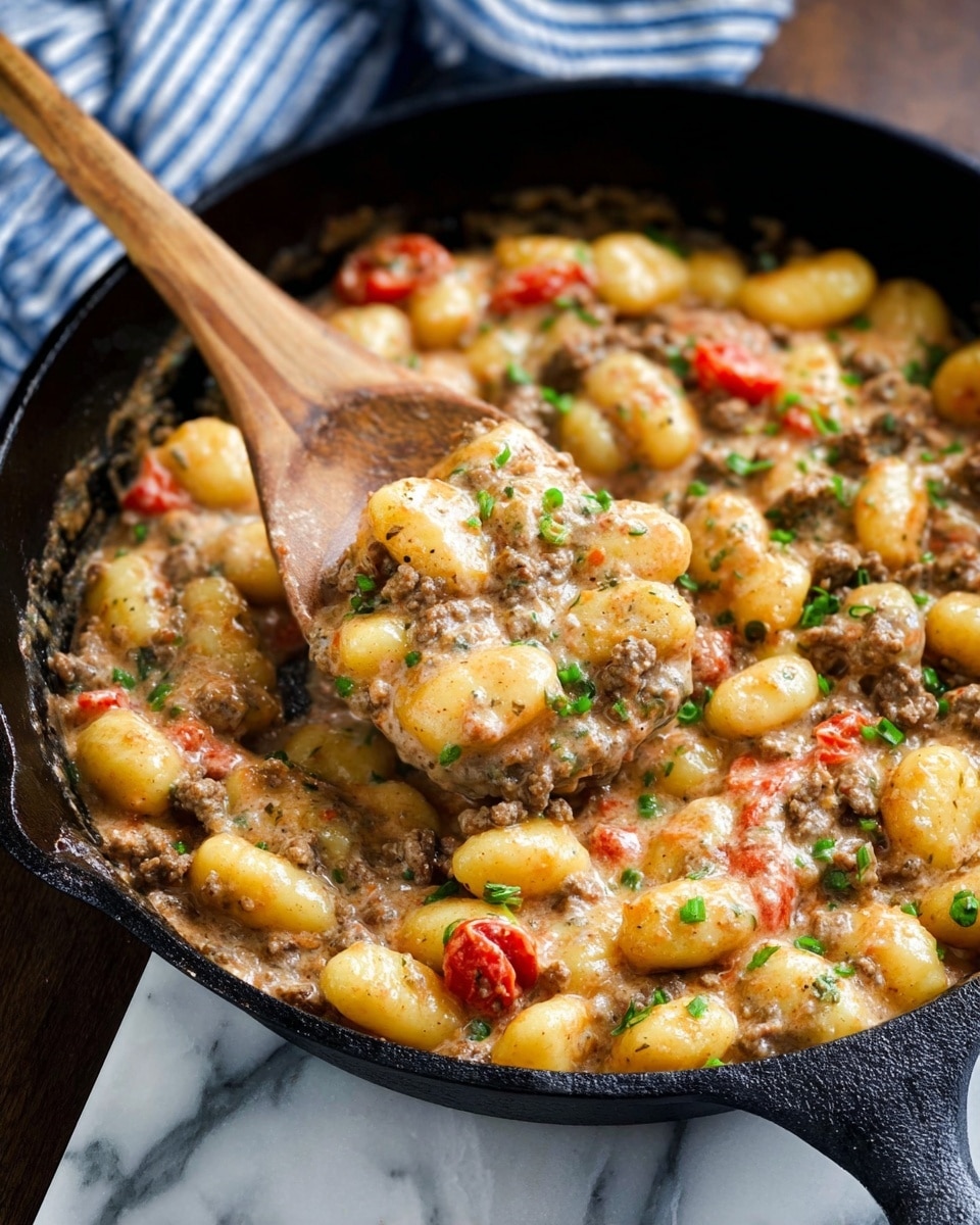 The image shows a black cast iron pan filled with a creamy gnocchi dish mixed with ground meat and small pieces of red tomatoes scattered throughout. The gnocchi are pale yellow with a soft texture, coated in a light brown creamy sauce mixed evenly with browned meat chunks. Bright green chopped onions are sprinkled on top for color contrast. A wooden spoon is lifting a portion of the gnocchi, meat, and sauce, showing the thick, rich consistency. The pan is resting on a white marbled surface with a blue and white striped cloth nearby. photo taken with an iphone --ar 4:5 --v 7