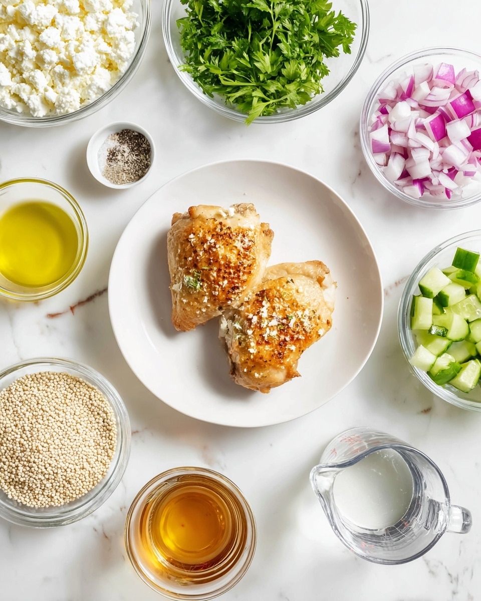A white plate holds two cooked golden brown chicken pieces with a slightly crisp texture on top, placed in the center of a white marbled surface. Around the plate, there are several clear glass bowls and containers: one with chopped fresh green parsley, another with crumbled white cheese, a bowl with a yellowish liquid, a bowl containing diced red onions, cucumbers, and green peppers, a small dish with salt and black pepper, a bowl filled with small white quinoa grains, a cup holding a light amber liquid, and a glass measuring cup with clear water. The arrangement is bright and clean, showing all fresh ingredients clearly. Photo taken with an iphone --ar 4:5 --v 7