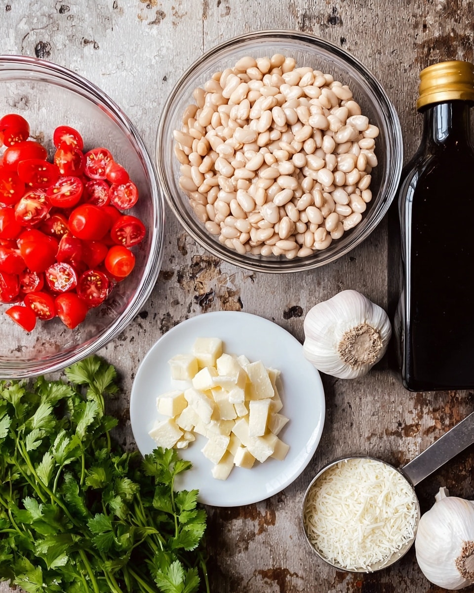 A clear glass bowl filled with smooth, light beige beans is in the center. Below it, to the left, is another clear glass bowl with fresh, bright red grape tomatoes cut in half, showing their juicy insides. To the right of the beans is a small white plate with uneven chunks of pale yellow cheese. Below that, a small metal measuring cup holds grated white cheese with a soft texture. On the far right, there is a tall dark glass bottle with a shiny gold cap. On the left side of the image, fresh green cilantro leaves and two whole garlic bulbs with white papery skins are resting on a surface with a rustic look. The surface is changed to white marbled texture. photo taken with an iphone --ar 4:5 --v 7