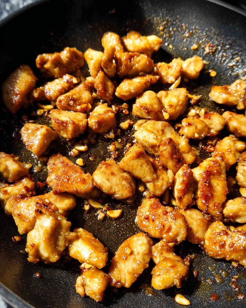 Small brown and golden pieces of cooked chicken with a crispy texture fill a black pan. The chicken pieces are uneven in size and scattered with tiny bits of browned garlic or seasoning. The surface of the pan shows some oil and browned spots from frying. The lighting highlights the shiny, cooked chicken against the dark pan and a white marbled background. photo taken with an iphone --ar 4:5 --v 7