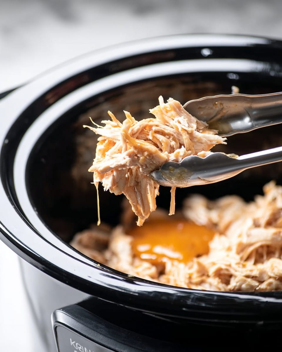 A close-up image shows shredded chicken held by silver and black tongs above a shiny black slow cooker with a silver rim. The shredded chicken is light brown and white with some orange sauce dripping. The slow cooker sits on a white marbled surface. photo taken with an iphone --ar 4:5 --v 7