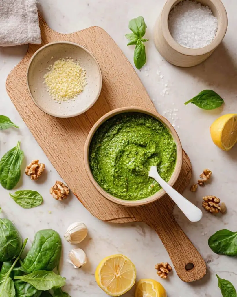 Spinach Pesto with Lemon, Capers, and Nutty Basil Recipe