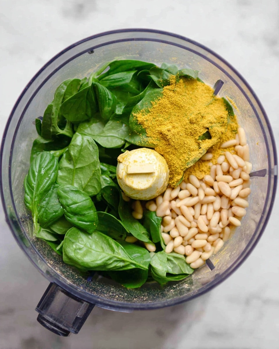 Inside a clear food processor bowl, there are three main layers. The bottom layer is fresh green basil leaves with smooth and glossy texture, covering about half of the space. On one side, there is a small pile of pine nuts, pale beige and smooth in texture, tightly packed. The top layer consists of a bright yellow powder sprinkled unevenly over the basil and pine nuts. The background is a white marbled surface. Photo taken with an iphone --ar 4:5 --v 7
