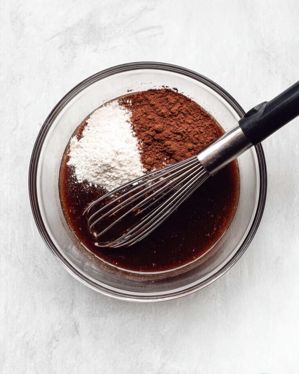 A clear glass bowl sits on a white marbled surface, containing a dark brown liquid mixture with a shiny, smooth texture. On top of the liquid, there are three distinct piles of dry ingredients: a small pile of white flour, a slightly larger mound of dark brown cocoa powder, and a pinch of white salt. A metal whisk with a black handle rests inside the bowl, partially submerged in the liquid, with its wires slightly coated in the mixture. Photo taken with an iphone --ar 4:5 --v 7