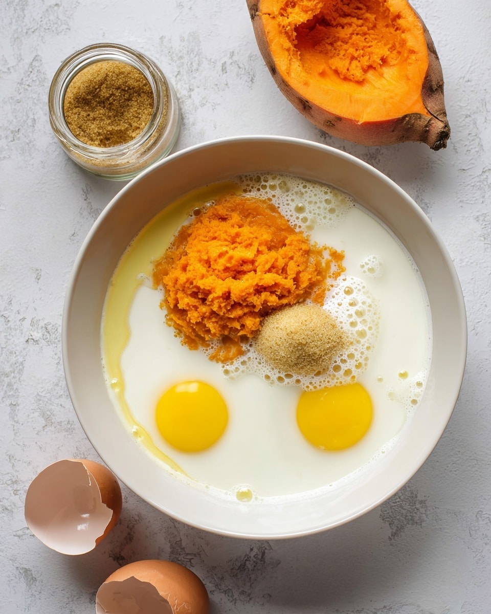 A white bowl with a smooth interior contains several ingredients layered side by side: two bright yellow raw egg yolks with their whites, a heap of bright orange sweet potato mash, and a small mound of light brown sugar in the middle on top of the sweet potato. The bowl also holds a pool of white milk mixed with small bubbles and droplets of oil, creating a soft contrast. Nearby, half of a cooked sweet potato with orange flesh and a glass jar filled with brown sugar sits on a white marbled surface. Two empty brown eggshell halves rest beside the bowl. Photo taken with an iphone --ar 4:5 --v 7