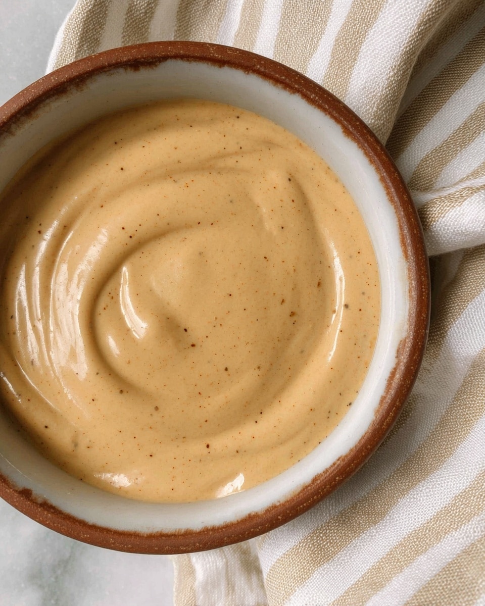 A close-up view of a single layer of light brown smooth sauce with tiny dark specks, swirled gently inside a white bowl with a brown rim, resting on a soft beige and white striped cloth over a white marbled surface. photo taken with an iphone --ar 4:5 --v 7