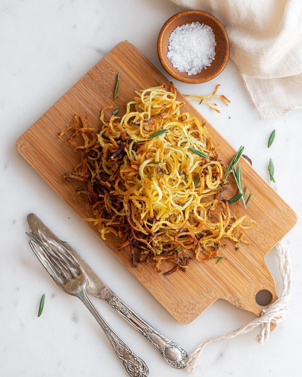 A pile of crispy, golden-brown spiralized potato noodles is placed in the center of a wooden cutting board. The noodles have a mix of light yellow and darker toasted orange colors, with some thin, curled edges giving a crunchy look. Small green rosemary sprigs are scattered on top, adding a touch of fresh color. To the side of the board, a small wooden bowl filled with coarse white salt sits on a white marbled surface. Below the board, an elegant silver knife and fork with intricate designs rest parallel to each other on the same white marbled surface. A soft, off-white cloth is partially visible in the upper right corner. photo taken with an iphone --ar 4:5 --v 7
