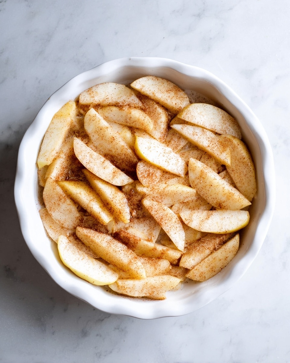 A white round dish filled with one layer of sliced apples that are lightly coated in cinnamon and sugar, giving them a soft golden color with a slightly grainy texture. The apples are evenly spread, with some slices overlapping each other. The dish sits on a white marbled surface. photo taken with an iphone --ar 4:5 --v 7