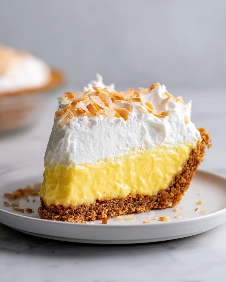 A slice of pie is shown with three clear layers on a white plate. The bottom layer is a brown, crumbly crust that looks slightly crunchy. The middle layer is thick, yellow, and creamy, making up most of the slice. The top layer is white whipped cream that is soft and fluffy, with some toasted coconut flakes scattered on top. The plate sits on a white marbled surface with soft lighting, capturing the texture and color of each layer well. photo taken with an iphone --ar 4:5 --v 7