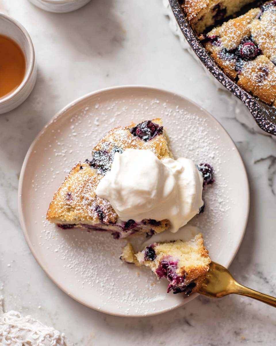 A white plate with a slice of golden brown cake with dark berries inside sits in the center. The cake has a soft, moist texture with visible berries throughout. On top of the cake is a dollop of white whipped cream, slightly melting over the edges. The plate has a light dusting of powdered sugar around the cake. A gold fork rests on the right side of the plate, holding a small bite of the cake with berries. The background is a white marbled surface with a slightly textured look. To the top right, part of a skillet or pan with more of the same cake is visible. Photo taken with an iphone --ar 4:5 --v 7