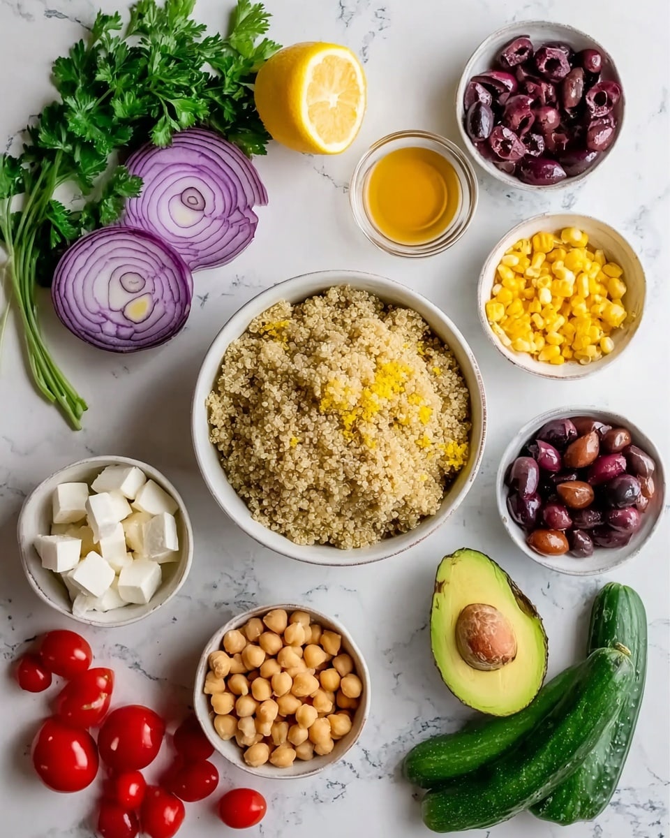 A white bowl filled with cooked quinoa sits in the center on a white marbled surface, surrounded by small white bowls holding yellow corn, cube-shaped white feta cheese, dark purple olives, light brown chickpeas, and small amounts of amber and yellow liquids. To the left are two slices of purple onion and a halved yellow lemon next to fresh green parsley. Below the quinoa are several red cherry tomatoes scattered around. On the right, there is a green cucumber sliced in half lengthwise and a halved avocado showing its large brown seed. The colors are vibrant, and the arrangement is neat and visually appealing, photo taken with an iphone --ar 4:5 --v 7