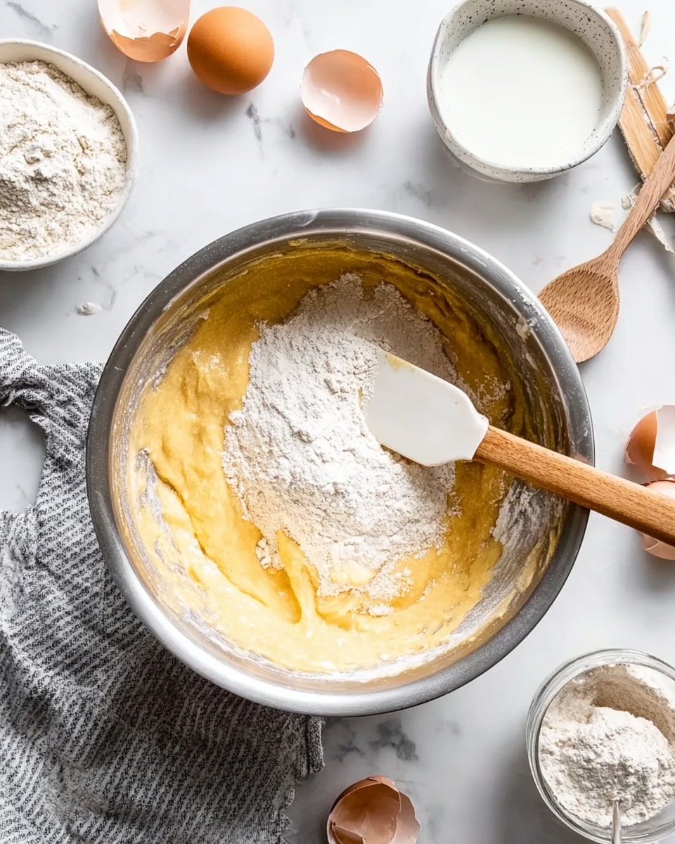 A top view of a large silver mixing bowl on a white marbled texture with yellow batter inside and white flour on top, a white and wooden spatula resting in the bowl. Around it, there are cracked light brown eggshells, a white ceramic bowl with milk, a small white jar with a wooden spoon, a metal bowl with white flour and spoon, and a gray and white striped cloth underneath the bowl. photo taken with an iphone --ar 4:5 --v 7