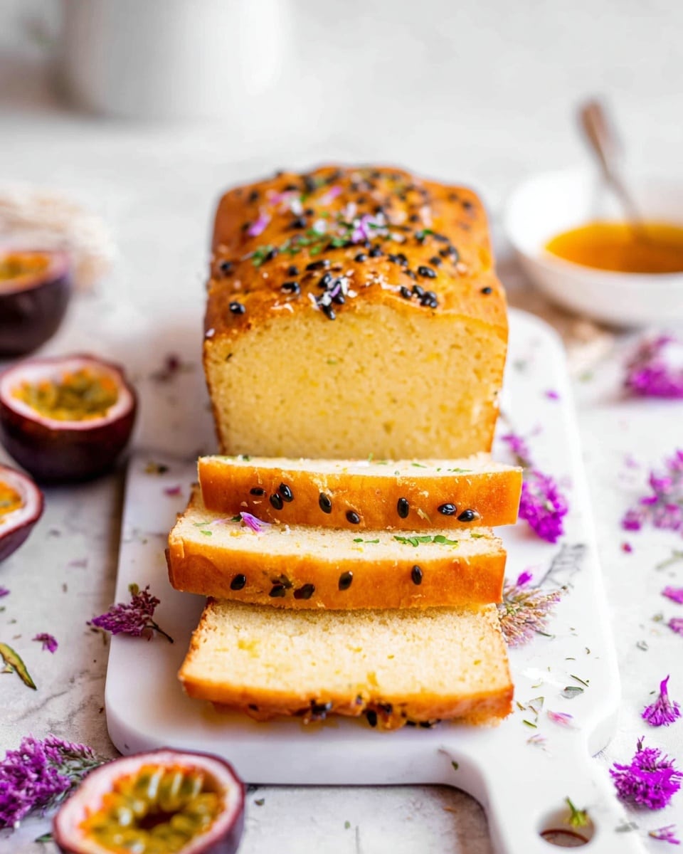 A golden loaf cake with a smooth, light yellow inside is sliced into three thick pieces and placed on a white cutting board with a handle. The top of the cake is a golden brown crust sprinkled with glossy black passion fruit seeds, some of which have fallen onto the board. Around the cutting board on a white marbled surface are halved passion fruits showing their bright orange pulp and seeds, along with small purple flower petals scattered for decoration. A white bowl with a golden sauce is softly blurred in the background. The whole setting has bright, natural light creating a fresh feeling. Photo taken with an iphone --ar 4:5 --v 7