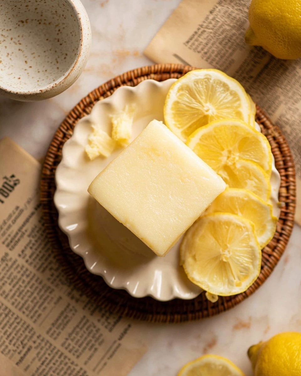 A square-shaped pale yellow frozen lemon dessert sits in the center of a scalloped white dish. Surrounding it are bright yellow lemon wedges with a juicy, slightly textured surface, arranged unevenly on the plate. The dish rests on a braided light brown wicker coaster, placed over a white marbled surface with a slightly visible folded newspaper underneath. Near the top left corner, a small round white bowl with speckled details is partially visible. The overall image has a warm, soft focus, making the dessert the main highlight. photo taken with an iphone --ar 4:5 --v 7
