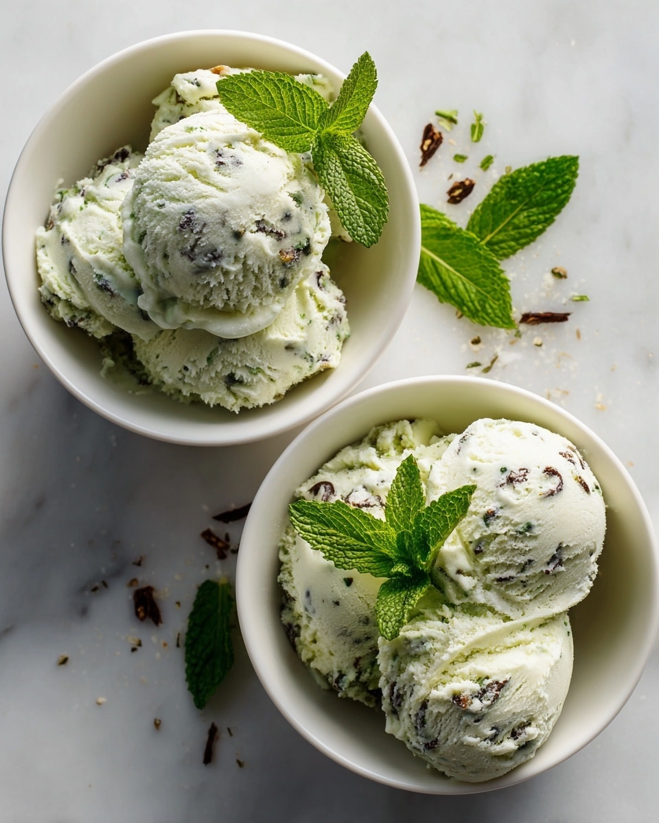 Two white bowls each hold three scoops of pale green ice cream with a rough creamy texture and dark specks mixed in. Each bowl is topped with a small bright green mint leaf for garnish. The ice cream scoops are slightly rounded with uneven surfaces showing natural ice cream shapes, and some dark bits embedded within. The bowls sit on a white marbled surface scattered with small green mint leaves and dark brown bits. The image is softly lit, highlighting the creamy texture and fresh garnishes. Photo taken with an iphone --ar 4:5 --v 7