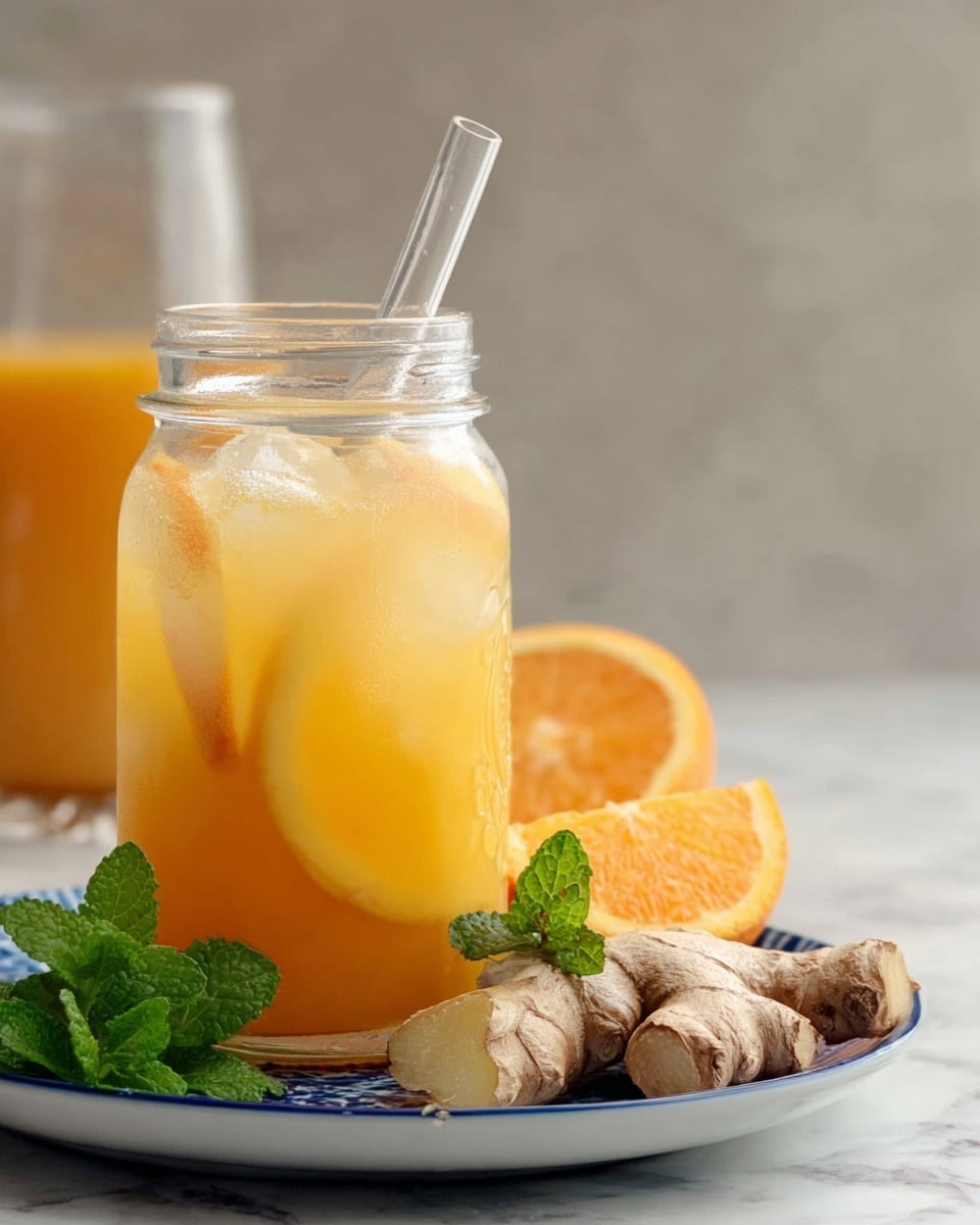 A clear glass jar filled with light orange juice and ice cubes is the main focus, with visible slices of orange floating inside. A clear straw stands upright in the jar. The jar sits on a white plate with a blue pattern, placed on a white marbled surface. In front of the jar, fresh ginger root with some pieces showing the inside, along with bright green mint leaves, are arranged. In the background, another clear glass container partially filled with orange juice and a fresh orange cut in half are visible but slightly out of focus. Photo taken with an iphone --ar 4:5 --v 7