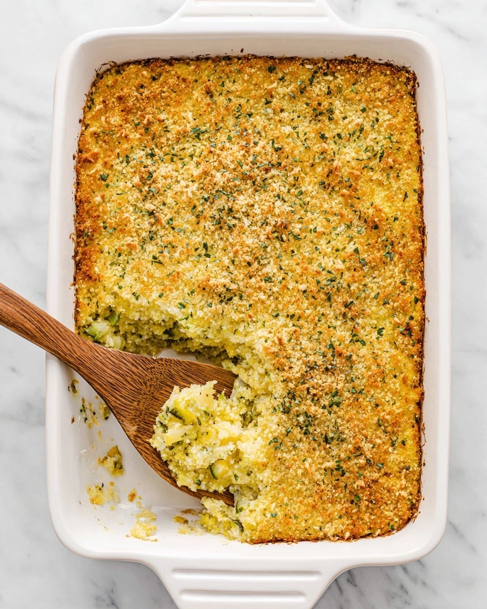 A white rectangular casserole dish filled with a golden baked dish that has a lightly browned, crunchy top layer sprinkled with herbs and breadcrumbs. The dish has a moist, soft-looking inside layer that is pale yellow with green flecks, likely from vegetables. A wooden spatula is scooping a portion out from the bottom left corner, showing the textured inside. The dish rests on a white marbled surface. photo taken with an iphone --ar 4:5 --v 7