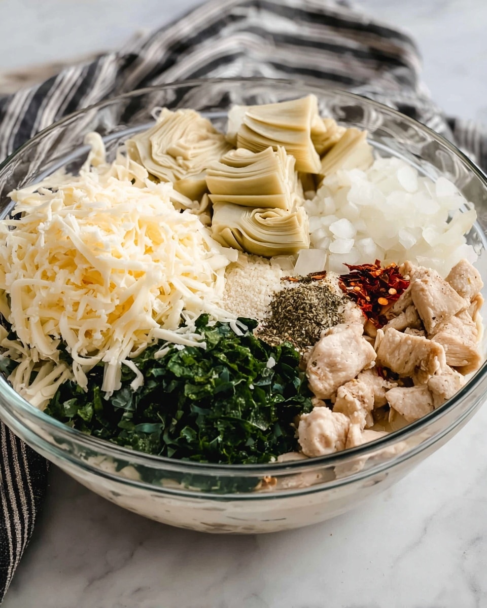 A clear glass bowl on a white marbled surface holds several separate layers of ingredients. The base layer appears creamy and white. On top, there is a large section of shredded white cheese on the left, next to a pile of chopped green leafy vegetables. In the center, light beige artichoke hearts are stacked. To the right, there are chopped white onions and pieces of cooked chicken with pepper visible on them. Small piles of minced garlic, red chili flakes, and ground black pepper sit near the chicken. A striped black and white cloth is blurred in the background. Photo taken with an iphone --ar 4:5 --v 7