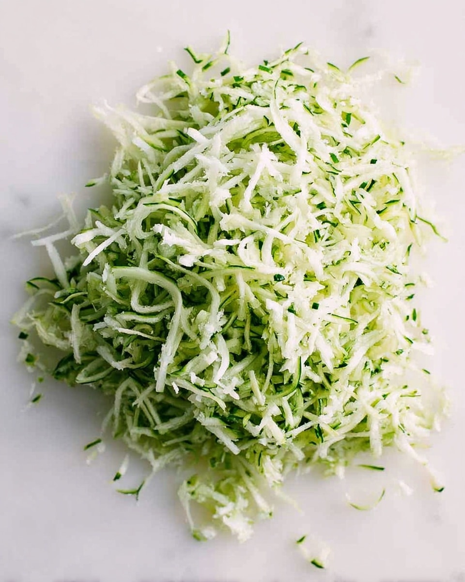 A close-up view of a small pile of shredded green and white vegetable strands. The strands are thin and look fresh, with a moist texture and some bits scattered lightly around the main heap on a white marbled surface. The green and white colors are mixed evenly, showing the fine green skin alongside the white inner part of the vegetable. The shredded pieces are curly and soft, forming a loosely heaped mound. Photo taken with an iphone --ar 4:5 --v 7