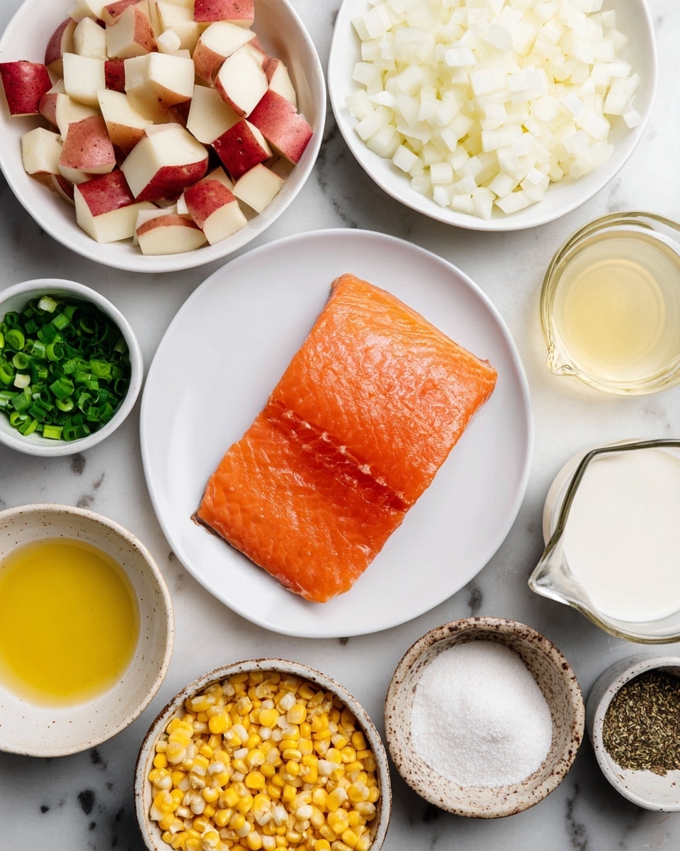 A white plate in the center holds one raw salmon fillet with a bright orange color and smooth, slightly shiny texture. Surrounding the plate are small white bowls containing various ingredients: top left has cubed red-skinned potatoes showing their white inside and red edges, top right bowl holds white diced onions, to the far right a small white bowl of yellow olive oil, below that a clear measuring cup filled with milk, bottom left a white bowl filled with yellow corn kernels, a small white bowl of chopped green onions, a small white bowl of white flour, a small white bowl of chopped garlic, a small rustic bowl with black pepper and salt, and finally a small white bowl with dried herbs. All items rest on a white marbled surface. photo taken with an iphone --ar 4:5 --v 7