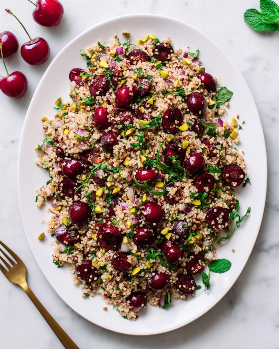 A large white oval plate is filled with a quinoa salad that has three main visual layers: the base layer of light beige quinoa grains with tiny spirals, a middle layer of shiny dark red cherry halves scattered evenly, and a top layer with small green arugula leaves and golden-green pistachio nuts sprinkled throughout. The salad is garnished lightly with small bits of red onion and fresh green mint leaves placed near the edge of the plate. The plate sits on a white marbled surface with two whole cherries placed to the upper left and a gold fork positioned at the bottom left corner. The overall look is fresh, colorful, and textured. photo taken with an iphone --ar 4:5 --v 7